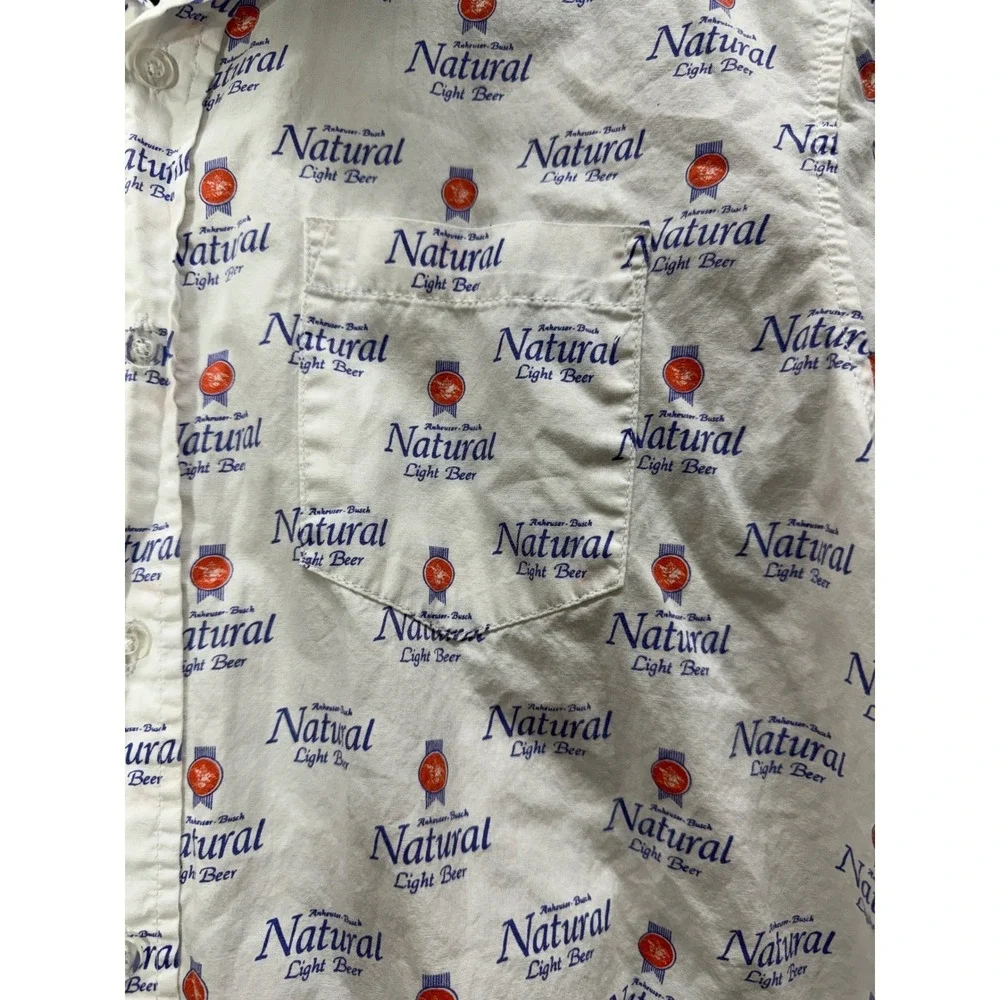 Brew City Natural Light Beer Mens Large All Over Print Button Down Shirt White
